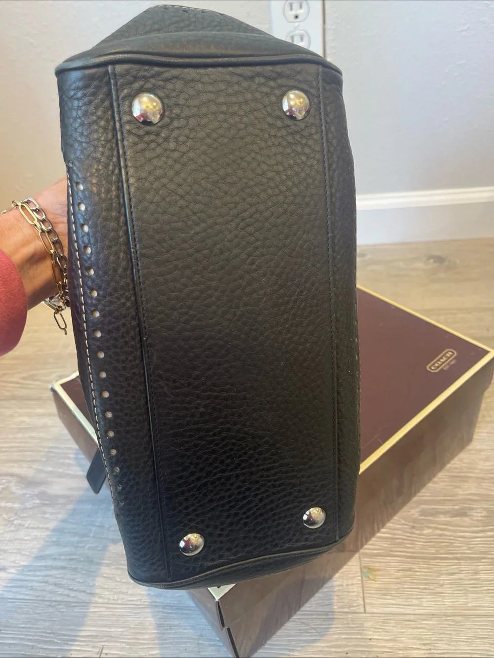 Coach Black Pebbled Leather Double-Handle Shoulder Bag with Stud Detail - Picture 7 of 11